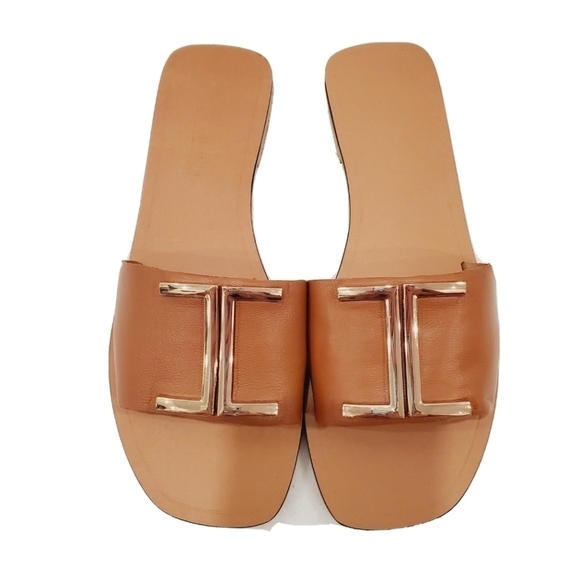 NEW ASOS DESIGN Wide Leather Flat Sandals in Tan Color - Picture 1 of 5